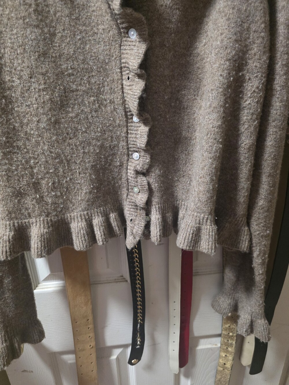 Women's Brown Ruffled Button-Front Sweater Cardigan Large - Picture 6 of 9